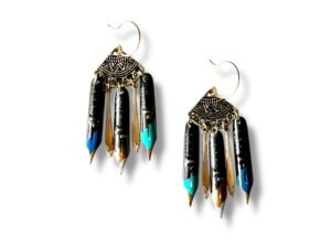 Boucles d'oreilles triangle ciselé plumes de calligraphie turquoise Graffiti