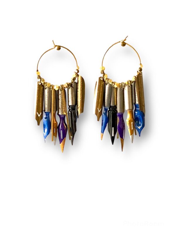 Boucles d'oreilles rondes plumes de calligraphie bleu Graffiti