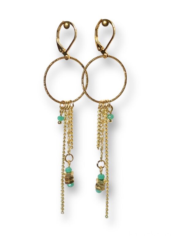 Boucles d'oreilles chaînes écrous bleu turquoise Oh la la ! - vue de près.