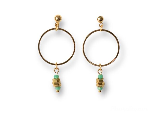 Boucles d'oreilles courtes écrous turquoise Oh la la ! - créoles dorées, écrous en laiton et perles turquoises.