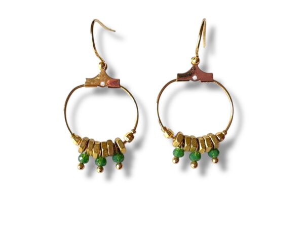Boucles d'oreilles créoles écrous 3 perles vertes Oh la la !