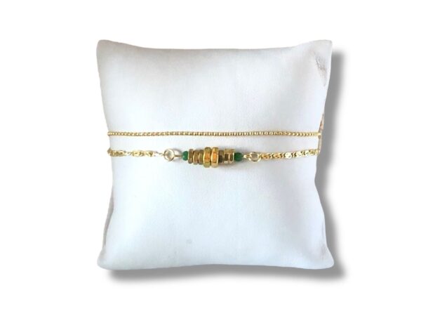 Bracelet double écrous vert Oh la la - Bijou fait main en laiton doré et perles vertes