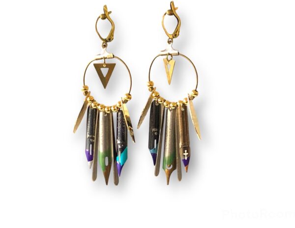 Boucles d'oreilles rondes plumes de calligraphie vert Graffiti