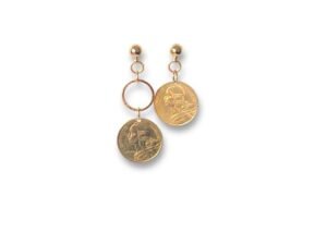 Boucles d'oreilles asymétriques pièce de monnaie 5 centimes Margaux Coquelicot.