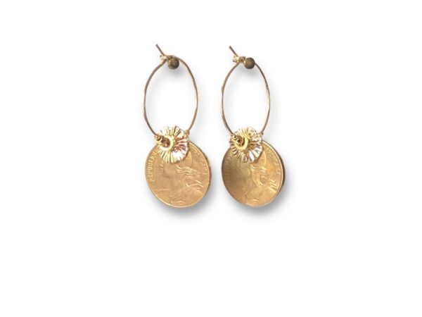 Boucles d'oreilles avec créoles et pièces de monnaie 5 centimes Margaux Coquelicot.