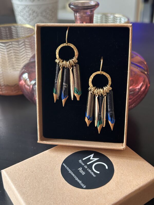 Boucles d'oreilles plumes calligraphie émail vert et bleu Graffiti
