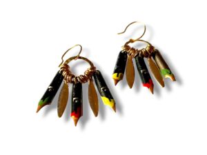 Boucles d'oreilles plumes calligraphie émail jaune rouge et vert Boucles d'oreilles plumes calligraphie émail jaune rouge vert Graffiti