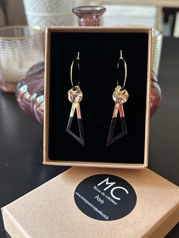 Boucles d'oreilles créoles écrous triangle émail noir Oh la la !