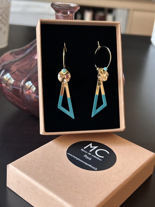 Boucles d'oreilles créoles écrous triangle émail turquoise Oh la la !